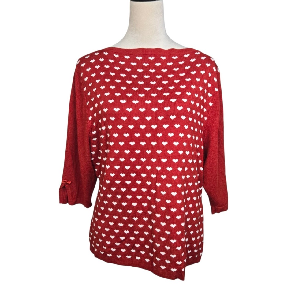 Heart Print Red Sweater White Heart 3/4 Sleeve Bow Cute Knit Valentines Large XL
